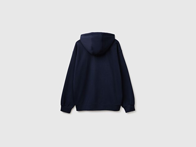 Benetton Erkek Lacivert %100 Pamuk Dar Kesim Fermuarlı Kapüşonlu Sweatshirt