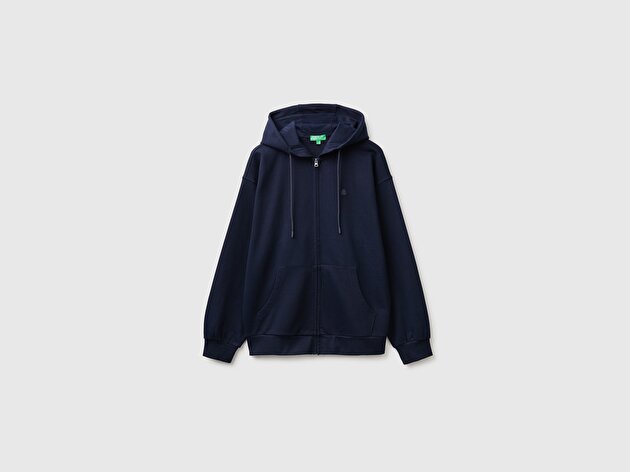 Benetton Erkek Lacivert %100 Pamuk Dar Kesim Fermuarlı Kapüşonlu Sweatshirt