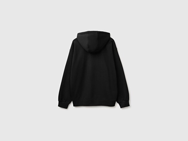 Benetton Erkek Siyah %100 Pamuk Dar Kesim Fermuarlı Kapüşonlu Sweatshirt