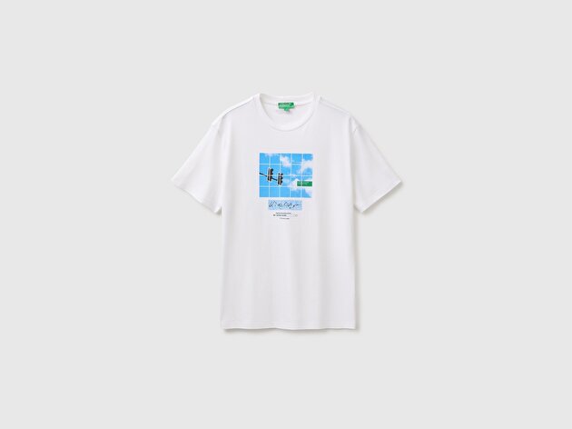Benetton Erkek Beyaz %100 Pamuk Önü Logo Baskılı Regular Fit Kısa Kollu T-Shirt