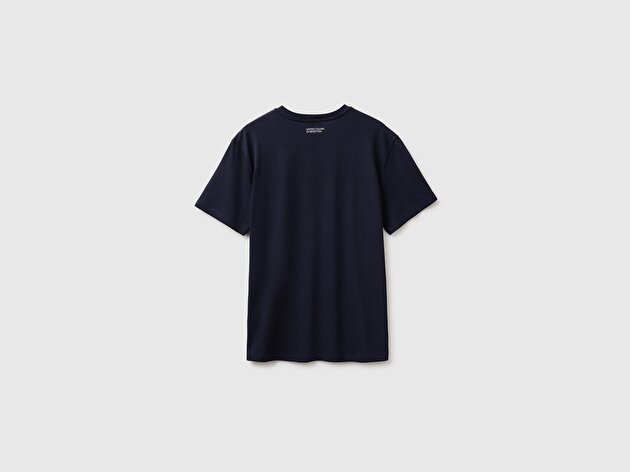 Benetton Erkek Lacivert %100 Pamuk Önü Logo Baskılı Regular Fit Kısa Kollu T-Shirt
