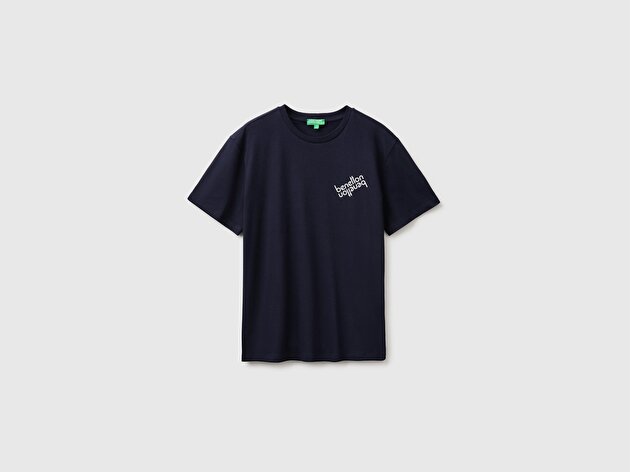 Benetton Erkek Lacivert %100 Pamuk Önü Logo Baskılı Regular Fit Kısa Kollu T-Shirt
