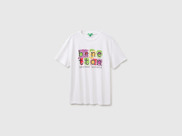 Benetton Erkek Beyaz Benetton Yazılı %100 Pamuk Önü Logo Baskılı Regular Fit Kısa Kollu T-Shirt
