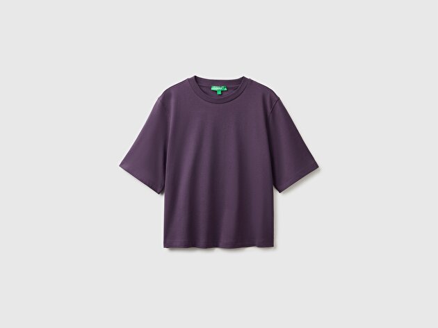 Benetton Kadın Koyu Mor %100 Koton Boxy Fit T-Shirt