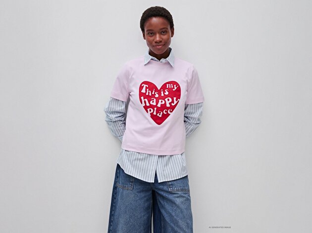 Benetton Kadın Lila %100 Pamuk İşlemeli Boxy Kısa Kollu T-Shirt