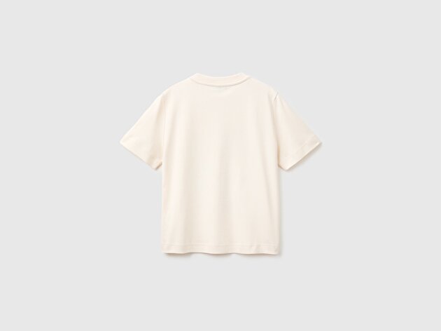 Benetton Kadın Krem %100 Pamuk İşlemeli Boxy Kısa Kollu T-Shirt
