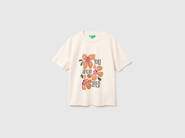 Benetton Kadın Krem %100 Pamuk İşlemeli Boxy Kısa Kollu T-Shirt