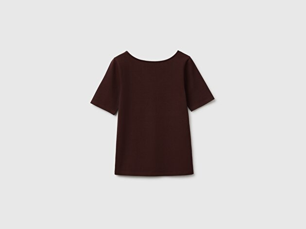 Benetton Kadın Kahverengi Pamuk Karışımlı Örme Slim Fit Geniş Yaka T-Shirt