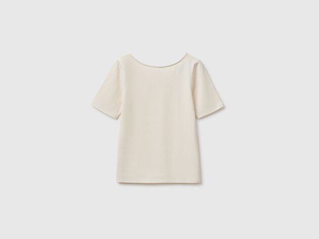 Benetton Kadın Krem Pamuk Karışımlı Örme Slim Fit Geniş Yaka T-Shirt