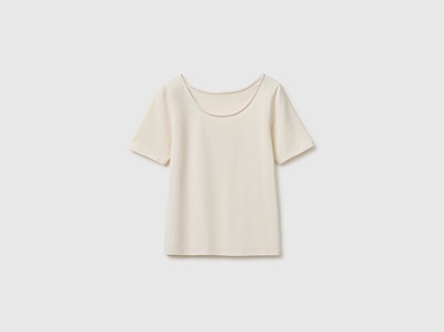 Benetton Kadın Krem Pamuk Karışımlı Örme Slim Fit Geniş Yaka T-Shirt