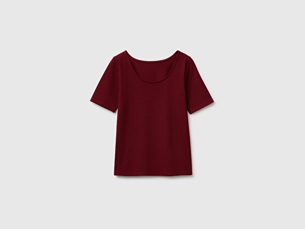 Benetton Kadın Mürdüm Pamuk Karışımlı Örme Slim Fit Geniş Yaka T-Shirt