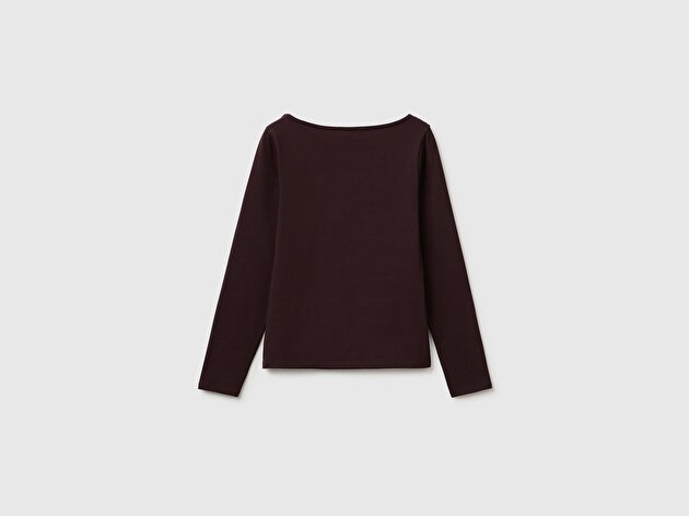 Benetton Kadın Kahverengi Pamuk Karışımlı Slim Fit Uzun Kollu T-Shirt