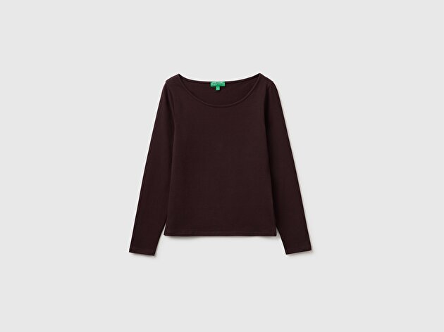 Benetton Kadın Kahverengi Pamuk Karışımlı Slim Fit Uzun Kollu T-Shirt