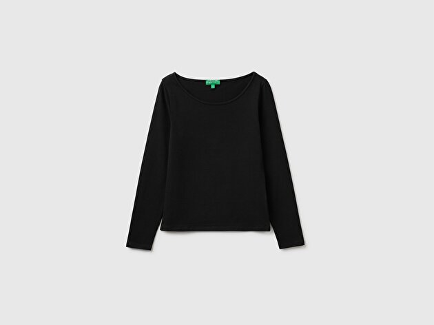 Benetton Kadın Siyah Pamuk Karışımlı Slim Fit Uzun Kollu T-Shirt