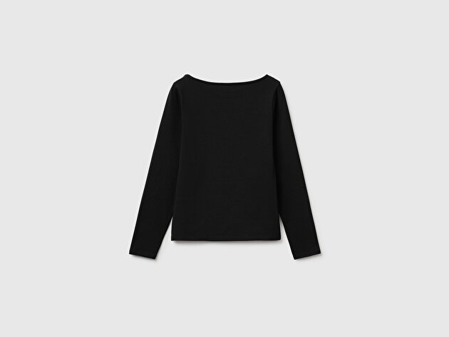 Benetton Kadın Siyah Pamuk Karışımlı Slim Fit Uzun Kollu T-Shirt