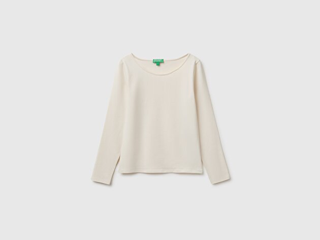 Benetton Kadın Krem Pamuk Karışımlı Slim Fit Uzun Kollu T-Shirt