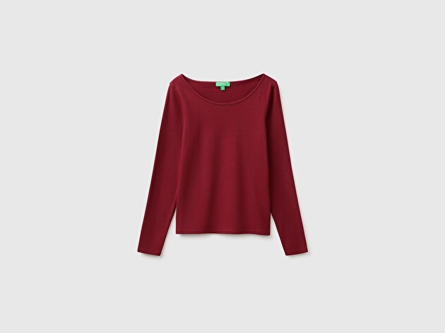 Benetton Kadın Mürdüm Pamuk Karışımlı Slim Fit Uzun Kollu T-Shirt