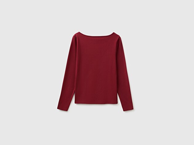 Benetton Kadın Mürdüm Pamuk Karışımlı Slim Fit Uzun Kollu T-Shirt