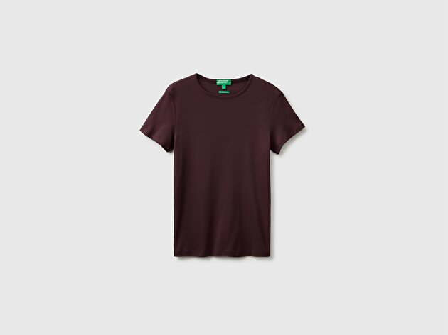 Benetton Kadın Kahverengi %100 Pamuk Bisiklet Yaka T-Shirt