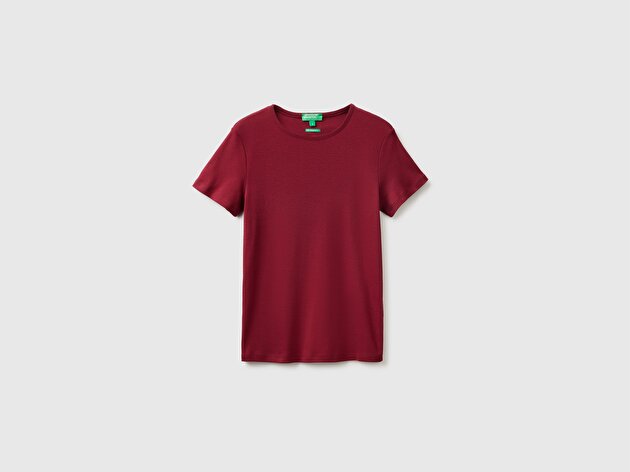 Benetton Kadın Mürdüm %100 Pamuk Bisiklet Yaka T-Shirt