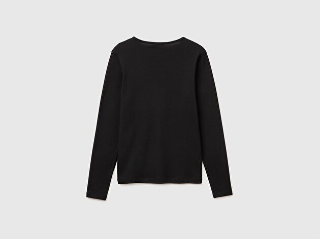 Benetton Kadın Siyah %100 Pamuk Slim Fit Ribanalı Uzun Kollu T-Shirt