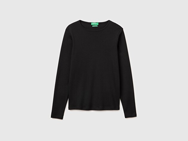 Benetton Kadın Siyah %100 Pamuk Slim Fit Ribanalı Uzun Kollu T-Shirt