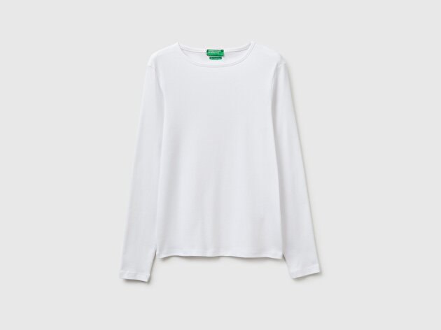 Benetton Kadın Beyaz %100 Pamuk Slim Fit Ribanalı Uzun Kollu T-Shirt