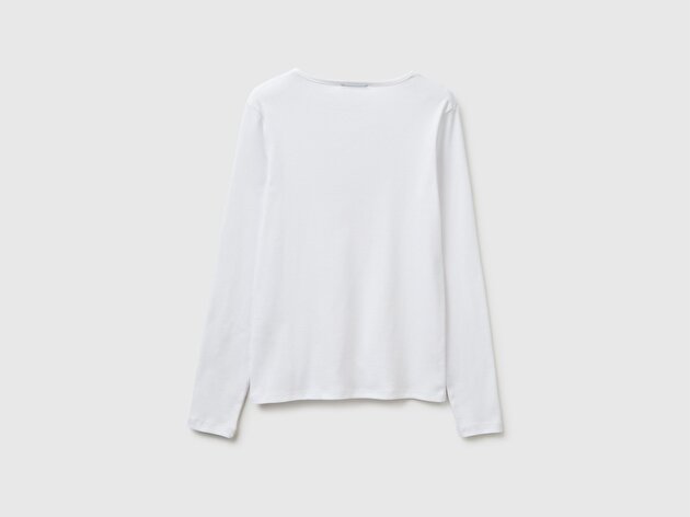 Benetton Kadın Beyaz %100 Pamuk Slim Fit Ribanalı Uzun Kollu T-Shirt