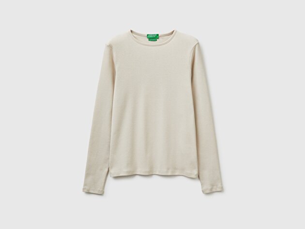 Benetton Kadın Taş %100 Pamuk Slim Fit Ribanalı Uzun Kollu T-Shirt