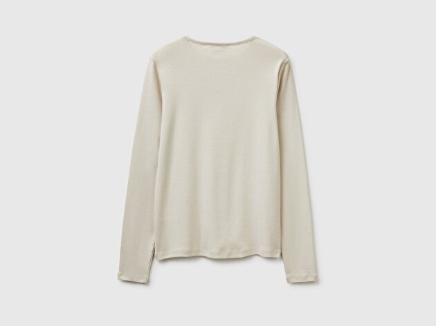 Benetton Kadın Taş %100 Pamuk Slim Fit Ribanalı Uzun Kollu T-Shirt