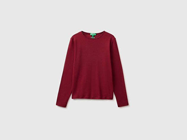 Benetton Kadın Mürdüm %100 Pamuk Slim Fit Ribanalı Uzun Kollu T-Shirt