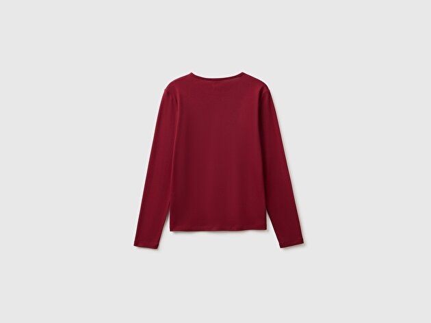 Benetton Kadın Mürdüm %100 Pamuk Slim Fit Ribanalı Uzun Kollu T-Shirt