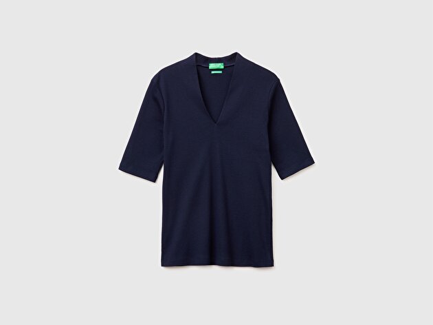 Benetton Kadın Lacivert %100 Pamuk Yarım Kollu Derin V Yaka T-Shirt