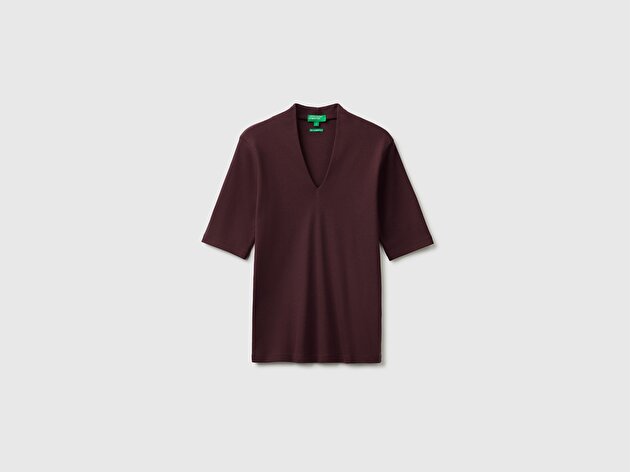 Benetton Kadın Kahverengi %100 Pamuk Yarım Kollu Derin V Yaka T-Shirt