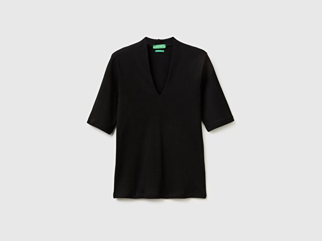 Benetton Kadın Siyah %100 Pamuk Yarım Kollu Derin V Yaka T-Shirt