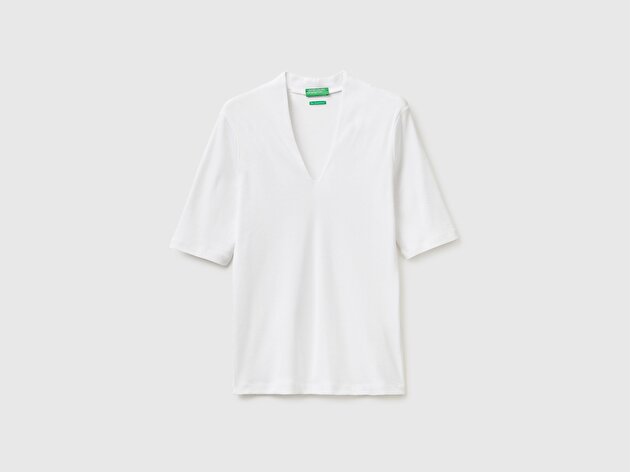 Benetton Kadın Beyaz %100 Pamuk Yarım Kollu Derin V Yaka T-Shirt