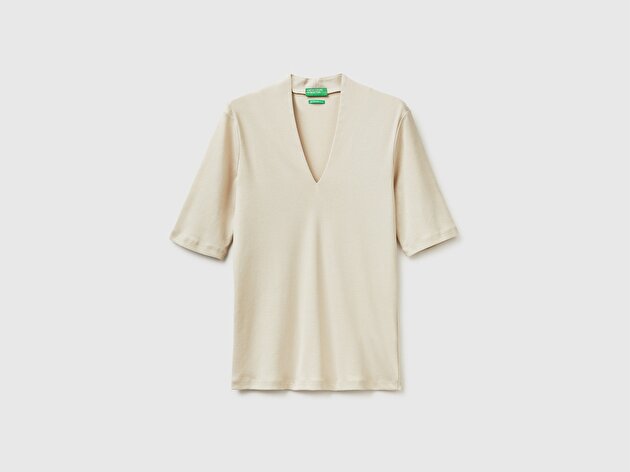 Benetton Kadın Taş %100 Pamuk Yarım Kollu Derin V Yaka T-Shirt