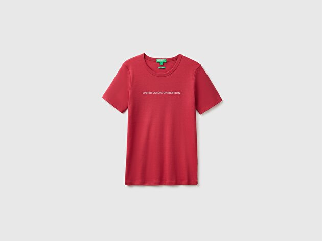 Benetton Kadın Bordo %100 Pamuk Logo Baskılı Bisiklet Yaka T-Shirt