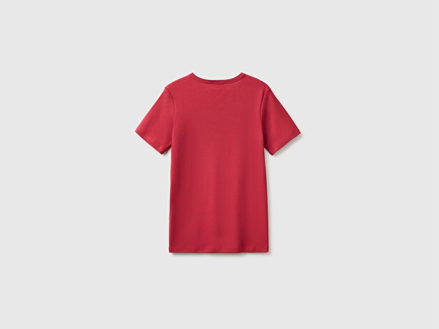 Benetton Kadın Bordo %100 Pamuk Logo Baskılı Bisiklet Yaka T-Shirt