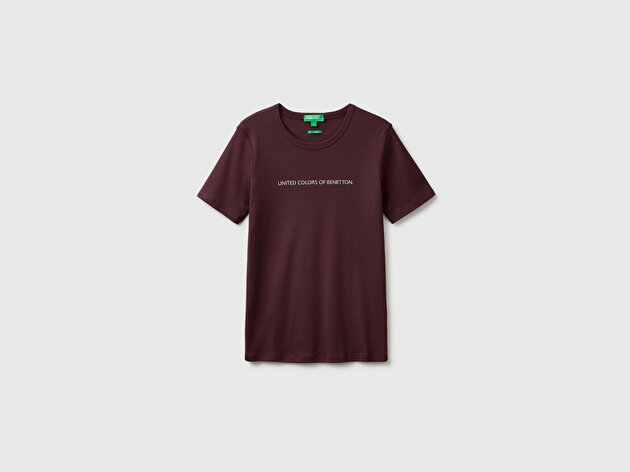 Benetton Kadın Kahverengi %100 Pamuk Logo Baskılı Bisiklet Yaka T-Shirt