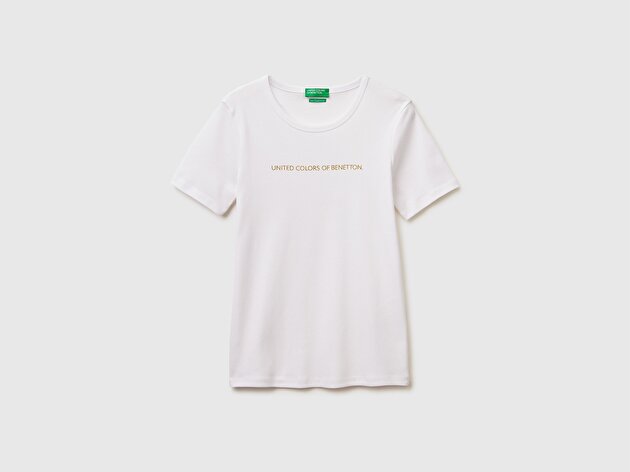 Benetton Kadın Beyaz %100 Pamuk Logo Baskılı Bisiklet Yaka T-Shirt