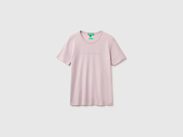 Benetton Kadın Lila %100 Pamuk Logo Baskılı Bisiklet Yaka T-Shirt