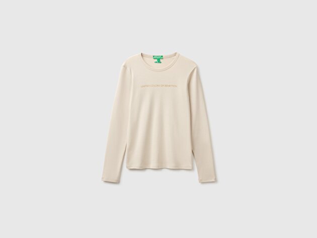 Benetton Kadın Taş %100 Pamuk Regular Fit Ribanalı Uzun Kollu T-Shirt