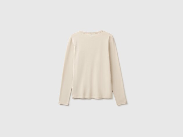 Benetton Kadın Taş %100 Pamuk Regular Fit Ribanalı Uzun Kollu T-Shirt