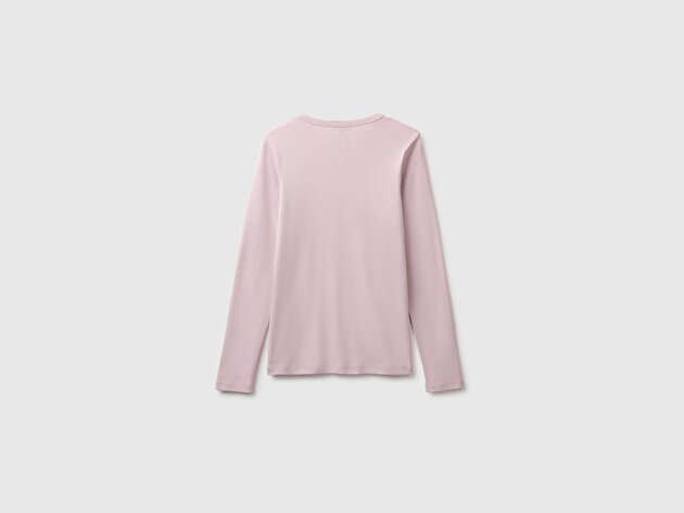 Benetton Kadın Lila %100 Pamuk Regular Fit Ribanalı Uzun Kollu T-Shirt