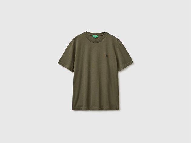Benetton Erkek Koyu Haki %100 Koton Logolu Bisiklet Yaka T-Shirt