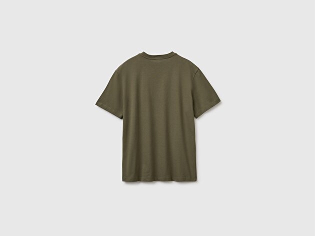 Benetton Erkek Koyu Haki %100 Koton Logolu Bisiklet Yaka T-Shirt