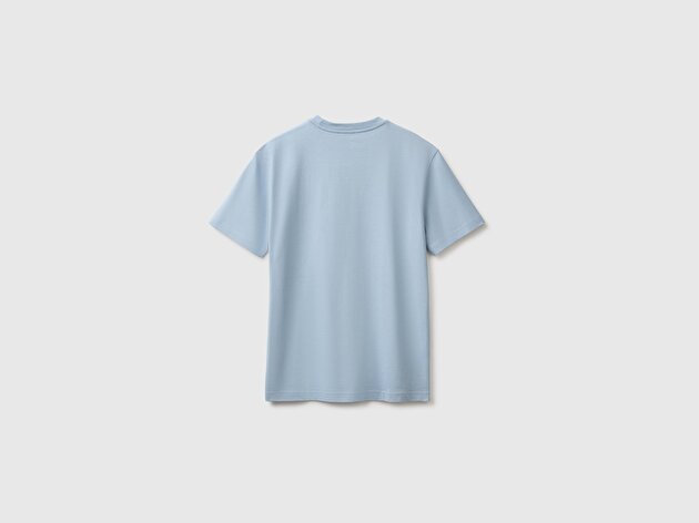 Benetton Erkek Açık Mavi %100 Koton Logolu Bisiklet Yaka T-Shirt