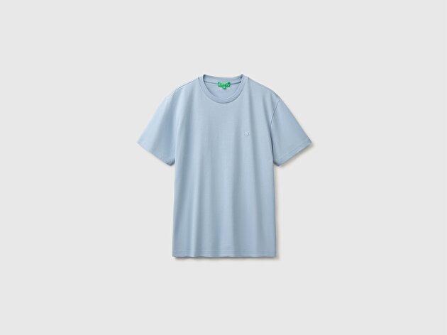 Benetton Erkek Açık Mavi %100 Koton Logolu Bisiklet Yaka T-Shirt