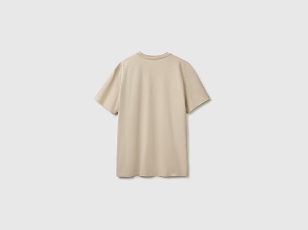 Benetton Erkek Bej %100 Koton Logolu Bisiklet Yaka T-Shirt